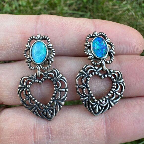 Carolyn Pollack 925 Sterling Silver Opal Heart Earrings, Filigree Dangles Relios - Picture 5 of 10